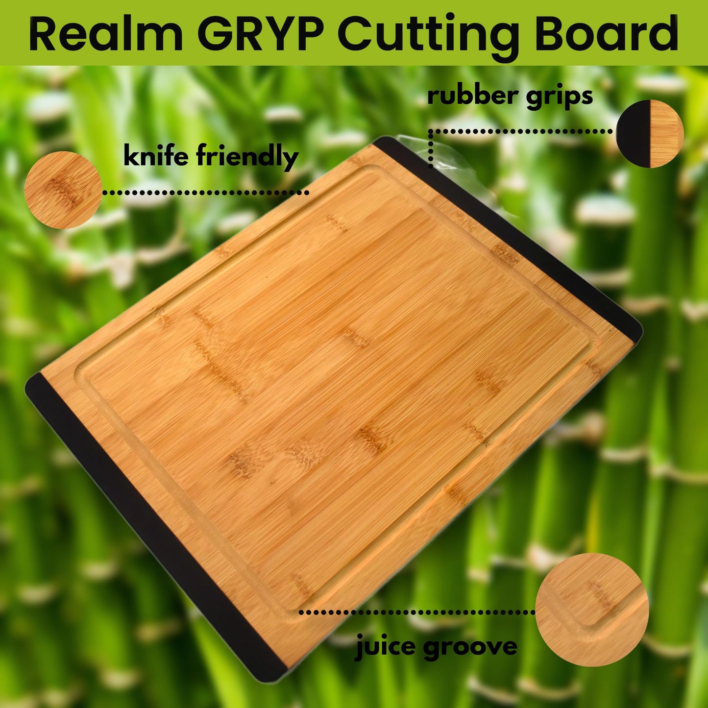 Realm 11" x 15" Bamboo Stronghold Cutting Board | Non-Slip with Juice Groove | Organic Sustainable Premium Bamboo Wood