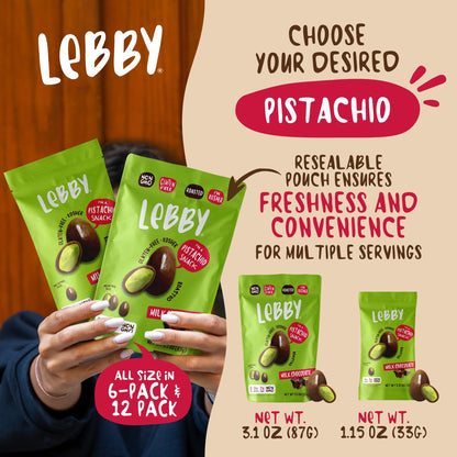 Lebby Lebby Milk Chocolate Covered Pistachios, Irresistibly Delicious Milk Chocolate Pistachios Snack Packs, Roasted Mediterranean Pistachio Chocolate, Gluten Free, Non-GMO & Vegan, 1.15 Ounce (Pack of 6)