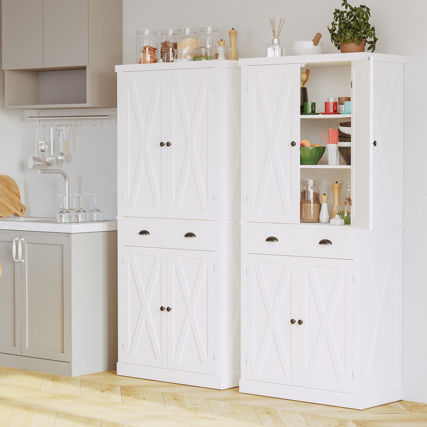 IRONCK Kitchen Pantry Storage Cabinet 72" Height, White, Barn Doors, Adjustable Shelves