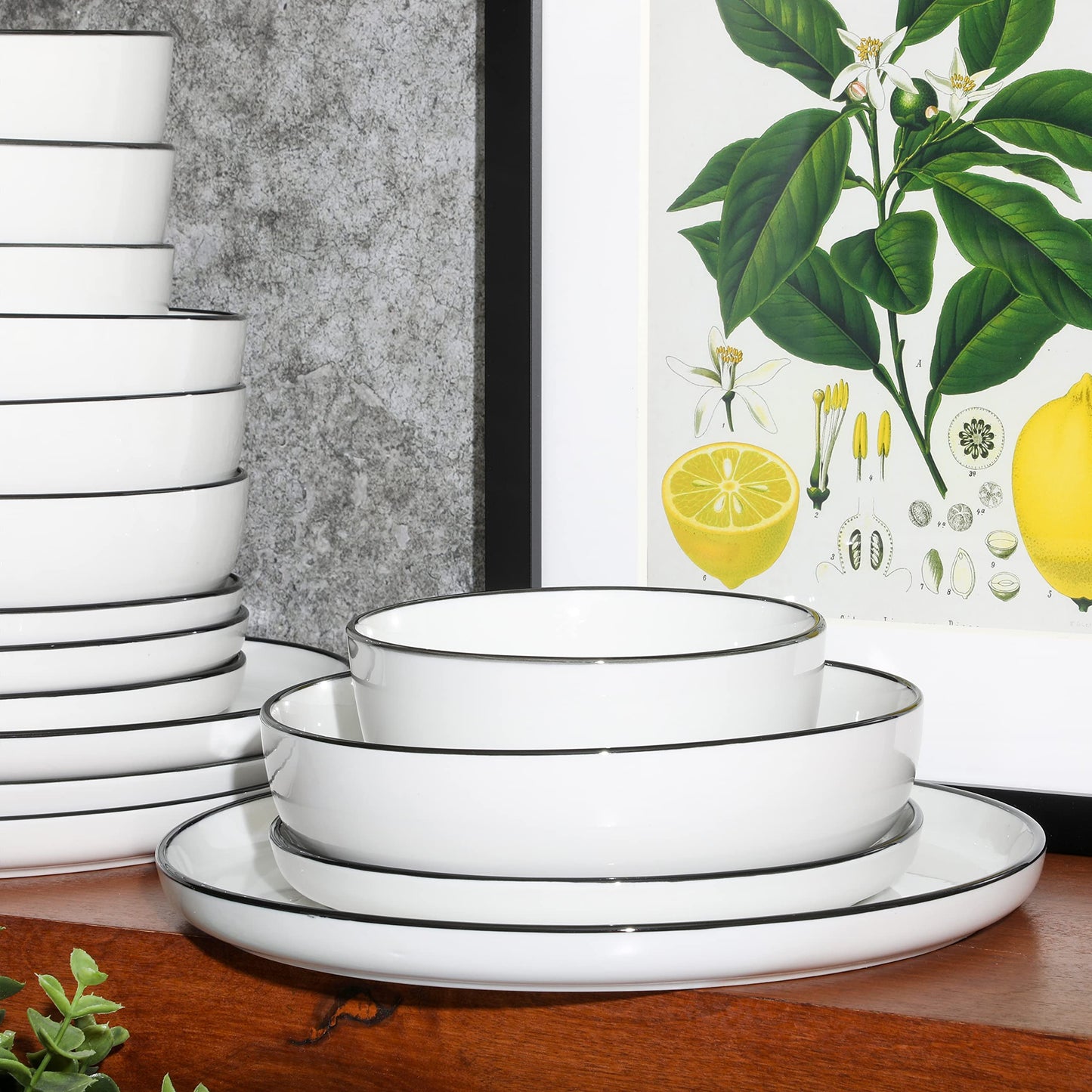 Gibson Home Gibson Home Oslo 16-Piece Porcelain Dinnerware Set, White with Black Rim