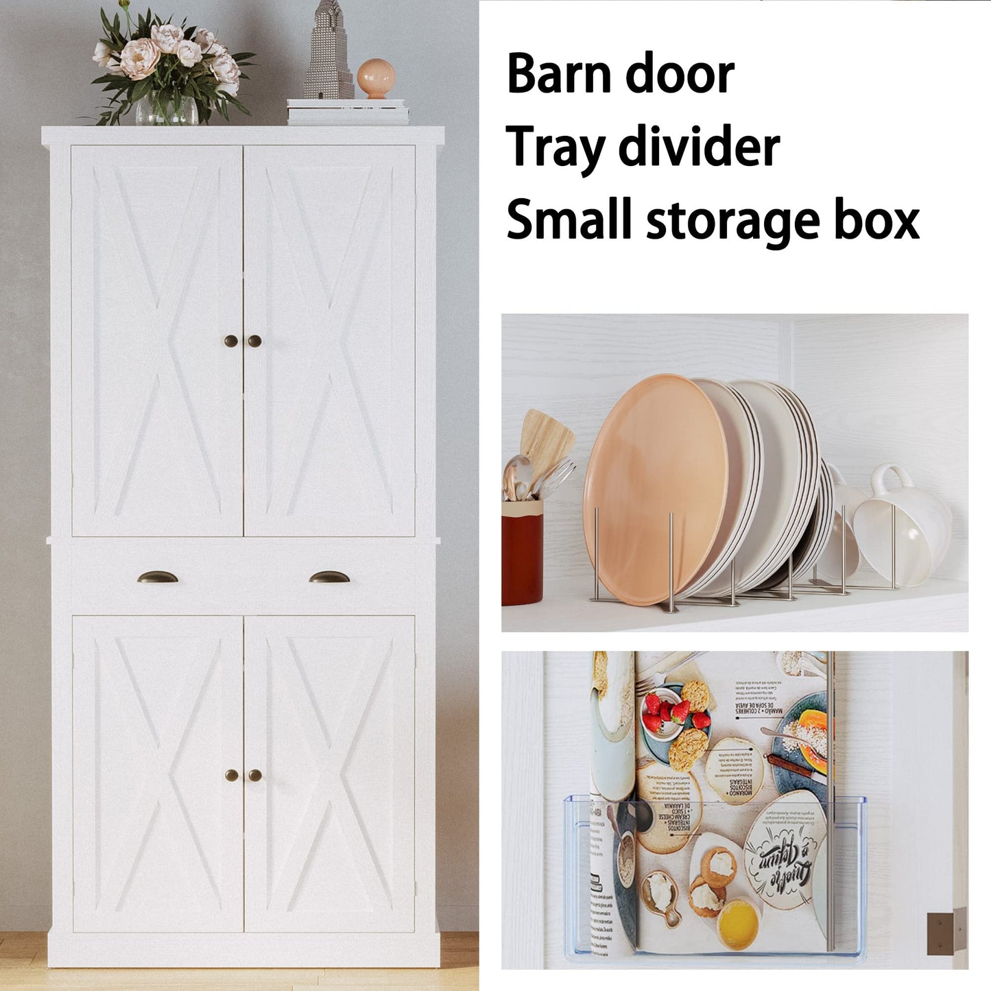 IRONCK Kitchen Pantry Storage Cabinet 72" Height, White, Barn Doors, Adjustable Shelves