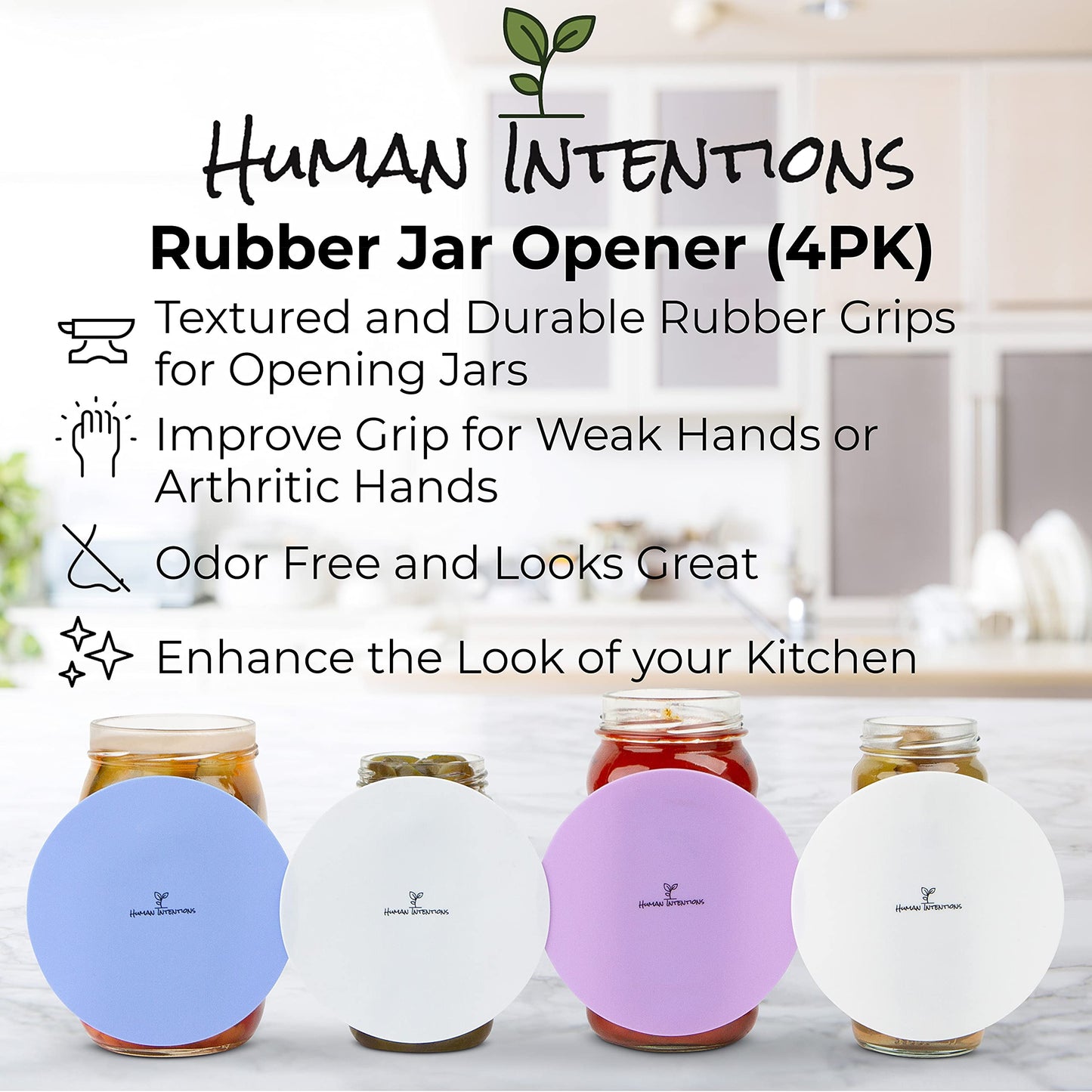 Human Intentions Jar Opener (4-Pack) - Multi-Color Rubber Gripper Pads for Weak or Arthritic Hands