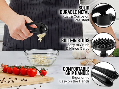 Zulay Kitchen Premium Garlic Press Set - Rust Proof & Dishwasher Safe Professional Garlic Mincer Tool - Easy-Squeeze, Easy-Clean with Soft, Ergonomic Handle - Silicone Garlic Peeler & Brush (Black)