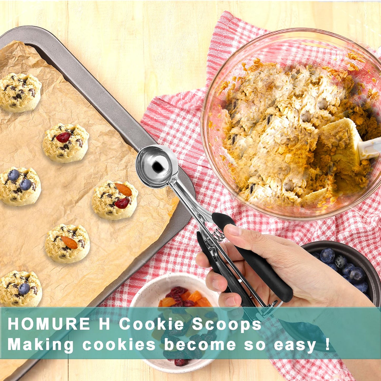 HOMURE H Cookie Scoop Set - Include 1 Tbsp/ 2 Tbsp/ 3Tbsp - 3 PCS Cookie Scoops for Baking - Cookie Dough Scoop - Made of 18/8 Stainless Steel