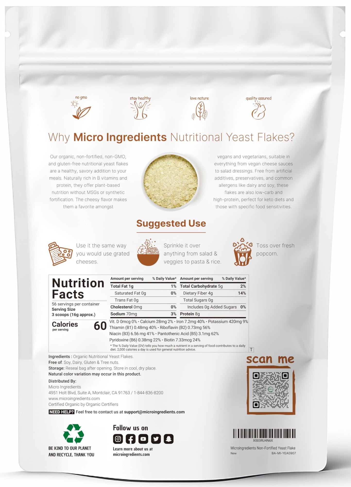 Micro Ingredients Organic Non-Fortified Nutritional Yeast Flakes, 2 Pounds Keto Friendly, Dairy Free Cheese Substitute, Non-GMO, Gluten Free