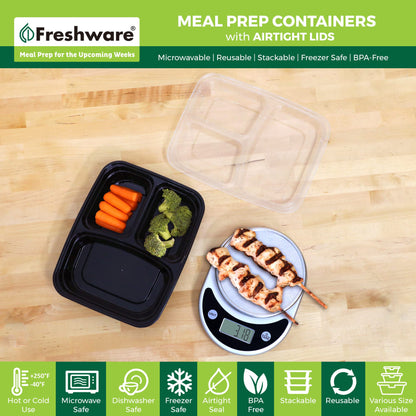 Freshware Meal Prep Containers [150 Pack] 3 Compartment Food Storage Containers with Lids, BPA Free, Microwave/Dishwasher/Freezer Safe (24 oz)