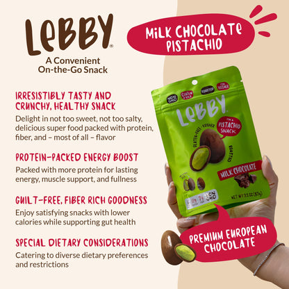 Lebby Lebby Milk Chocolate Covered Pistachios, Irresistibly Delicious Milk Chocolate Pistachios Snack Packs, Roasted Mediterranean Pistachio Chocolate, Gluten Free, Non-GMO & Vegan, 1.15 Ounce (Pack of 6)