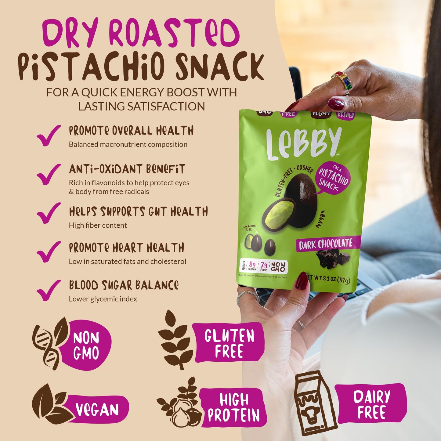 Lebby Lebby Dark Chocolate Covered Pistachios, Irresistibly Delicious Dark Chocolate Pistachios Snack, Gluten Free, Non-GMO & Vegan, 1.15 Ounce (Pack of 6)