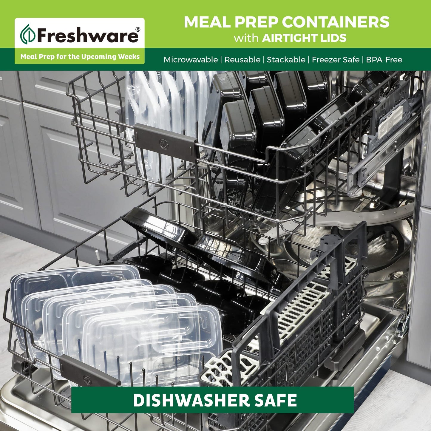 Freshware Meal Prep Containers [150 Pack] 3 Compartment Food Storage Containers with Lids, BPA Free, Microwave/Dishwasher/Freezer Safe (24 oz)