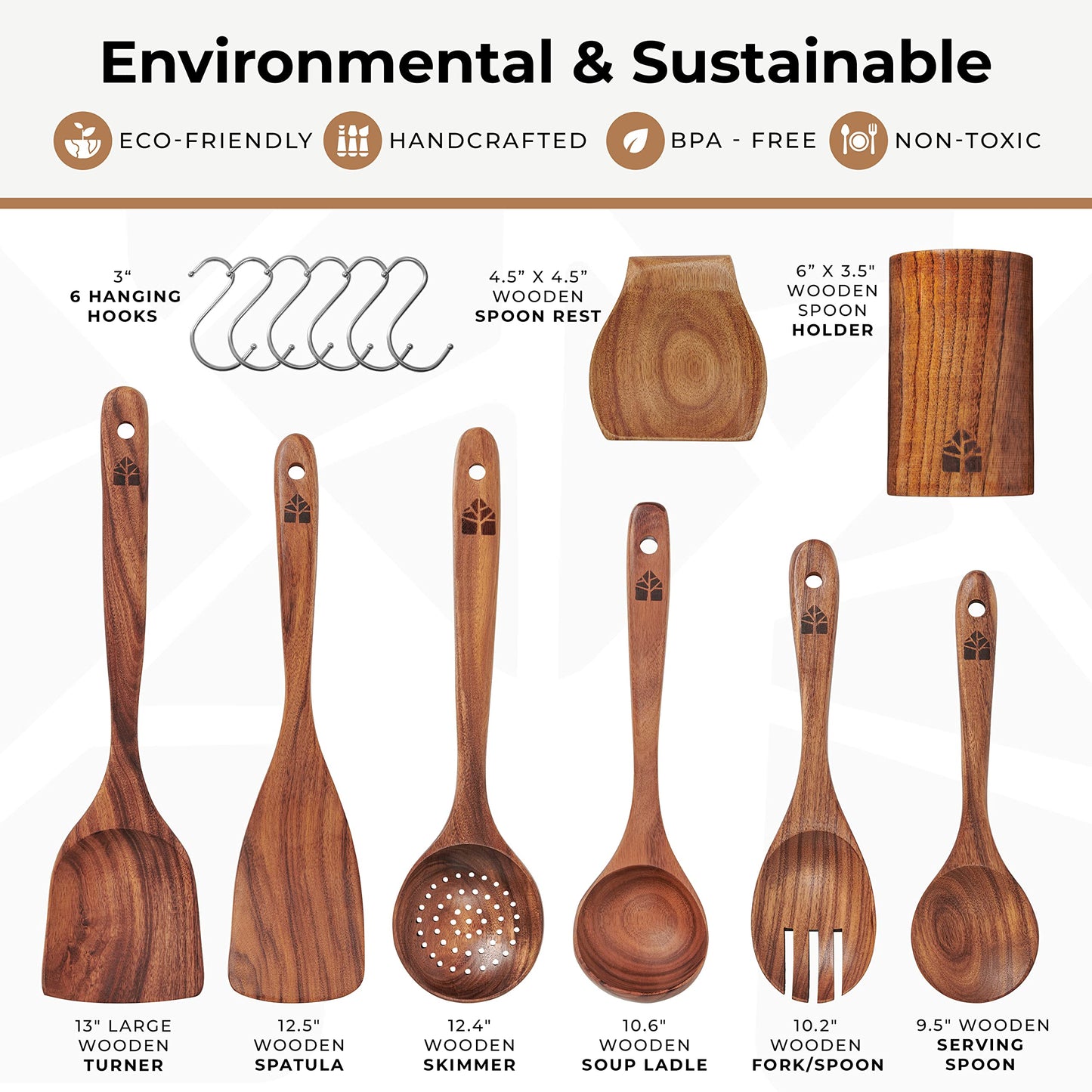 Wooden Spoons for Cooking – Wooden Utensils for Cooking Set with Holder, Spoon Rest & Hooks, Teak Wood Nonstick Kitchen Cookware – Durable Set of 8pcs by Woodenhouse